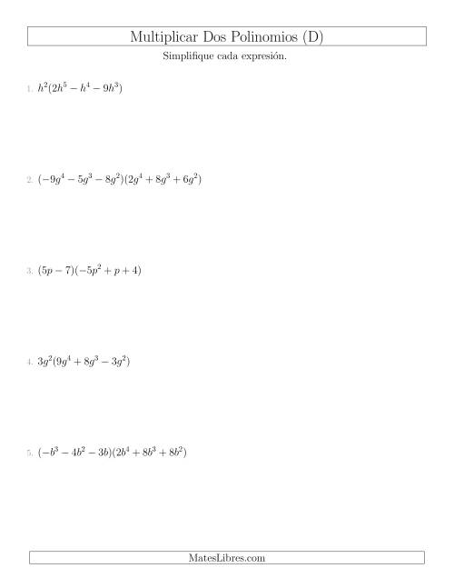 La hoja de ejercicios de Multiplicar Dos Polinomios (D)