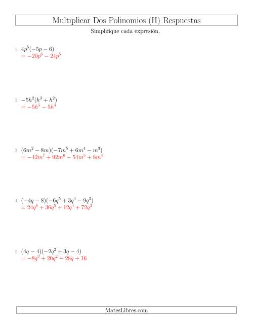La hoja de ejercicios de Multiplicar Dos Polinomios (H) Página 2