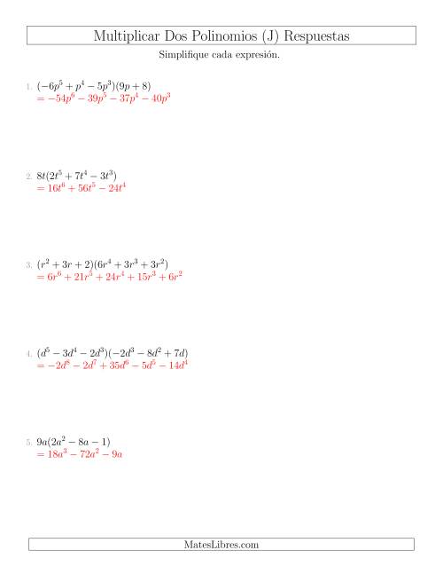 La hoja de ejercicios de Multiplicar Dos Polinomios (J) Página 2