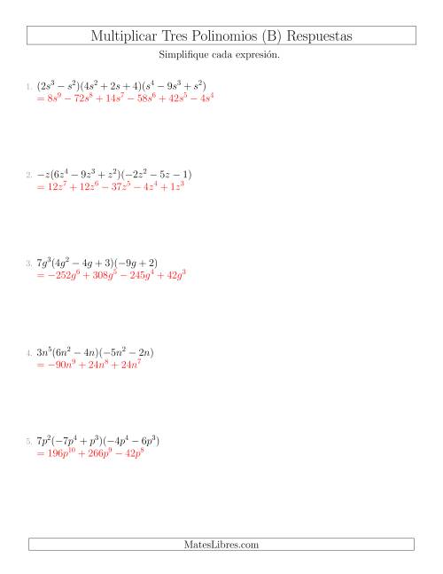 La hoja de ejercicios de Multiplicar Tres Polinomios (B) Página 2
