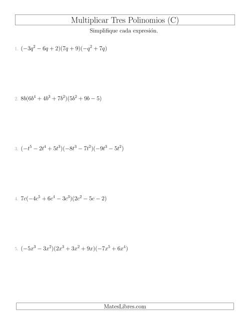 La hoja de ejercicios de Multiplicar Tres Polinomios (C)