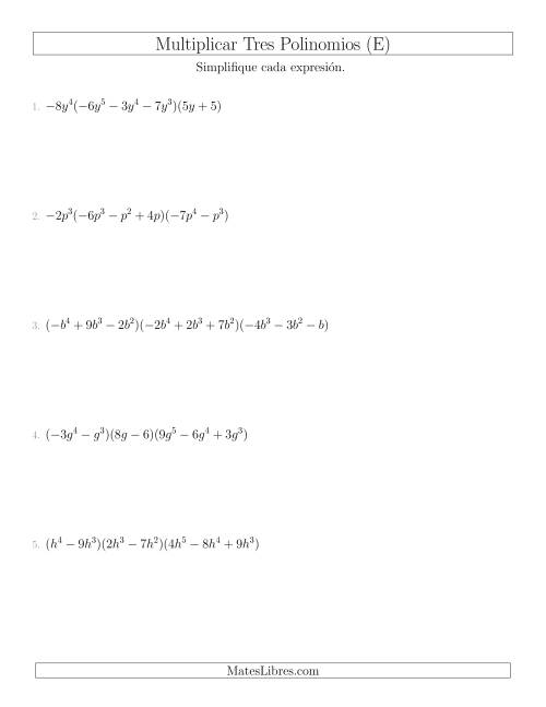 La hoja de ejercicios de Multiplicar Tres Polinomios (E)