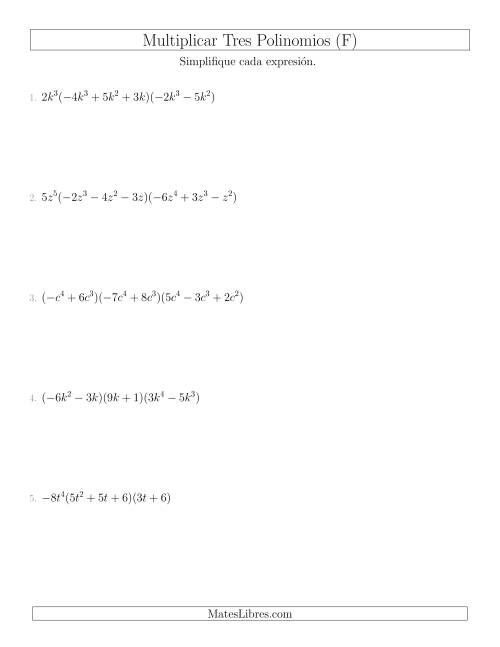 La hoja de ejercicios de Multiplicar Tres Polinomios (F)