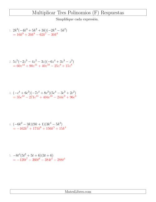 La hoja de ejercicios de Multiplicar Tres Polinomios (F) Página 2