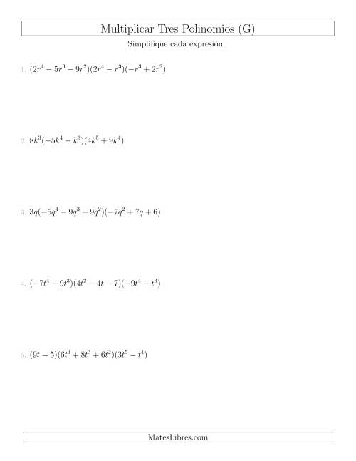 La hoja de ejercicios de Multiplicar Tres Polinomios (G)