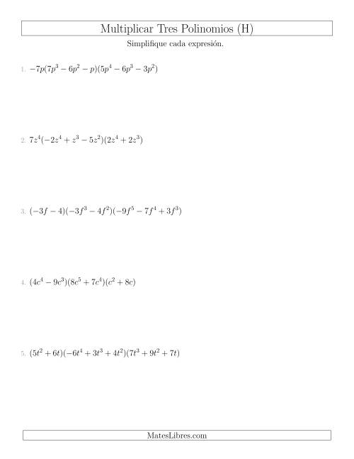 La hoja de ejercicios de Multiplicar Tres Polinomios (H)