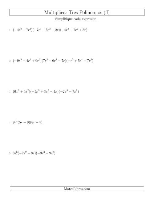 La hoja de ejercicios de Multiplicar Tres Polinomios (J)
