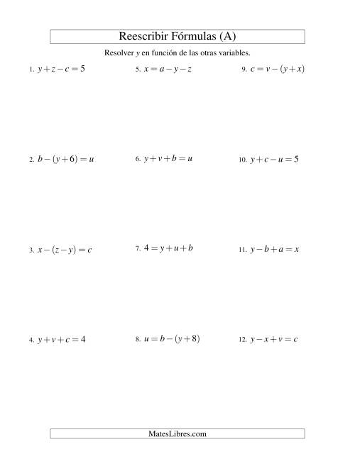 La hoja de ejercicios de Reescribir Fórmulas (adición y sustracción; dos pasos) (A)