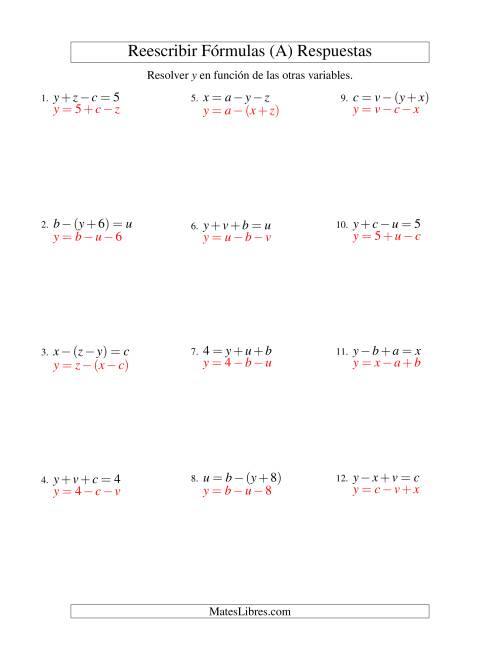 La hoja de ejercicios de Reescribir Fórmulas (adición y sustracción; dos pasos) (A) Página 2