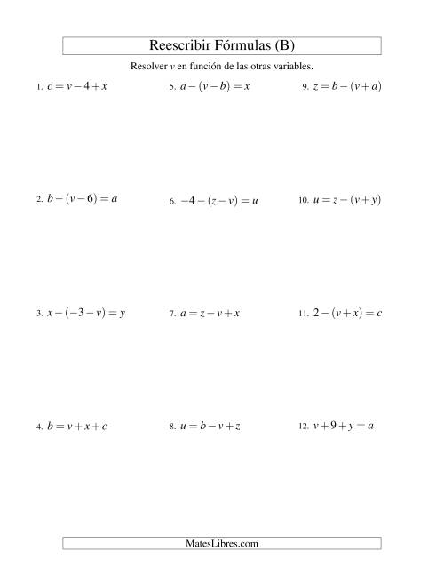 La hoja de ejercicios de Reescribir Fórmulas (adición y sustracción; dos pasos) (B)