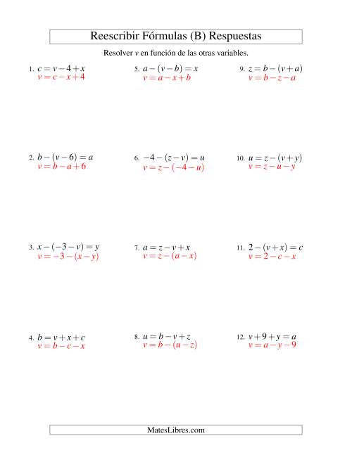 La hoja de ejercicios de Reescribir Fórmulas (adición y sustracción; dos pasos) (B) Página 2