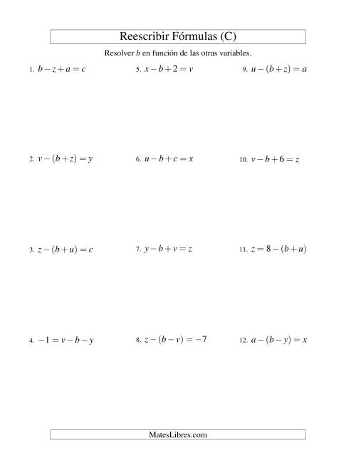 La hoja de ejercicios de Reescribir Fórmulas (adición y sustracción; dos pasos) (C)