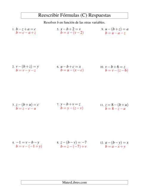 La hoja de ejercicios de Reescribir Fórmulas (adición y sustracción; dos pasos) (C) Página 2