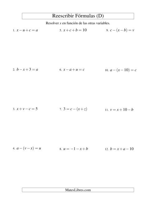 La hoja de ejercicios de Reescribir Fórmulas (adición y sustracción; dos pasos) (D)