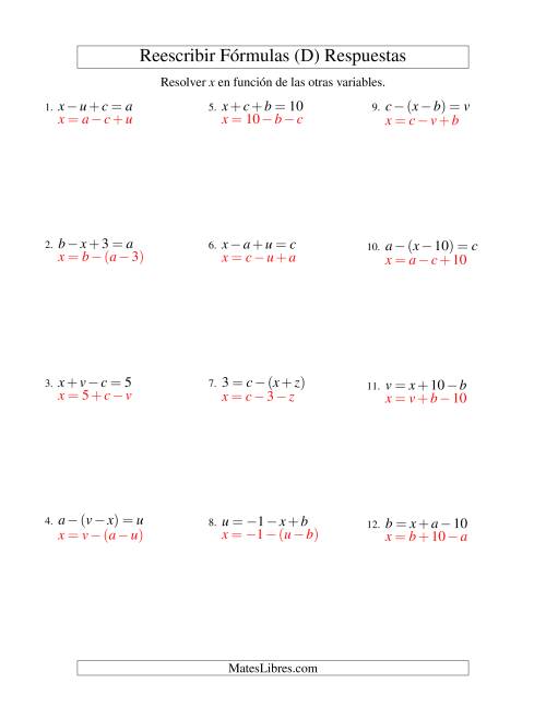 La hoja de ejercicios de Reescribir Fórmulas (adición y sustracción; dos pasos) (D) Página 2