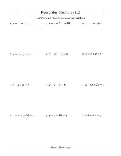 La hoja de ejercicios de Reescribir Fórmulas (adición y sustracción; dos pasos) (E)