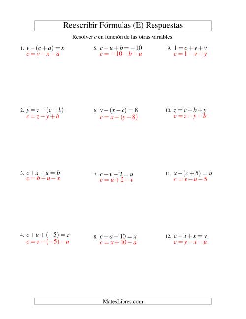 La hoja de ejercicios de Reescribir Fórmulas (adición y sustracción; dos pasos) (E) Página 2