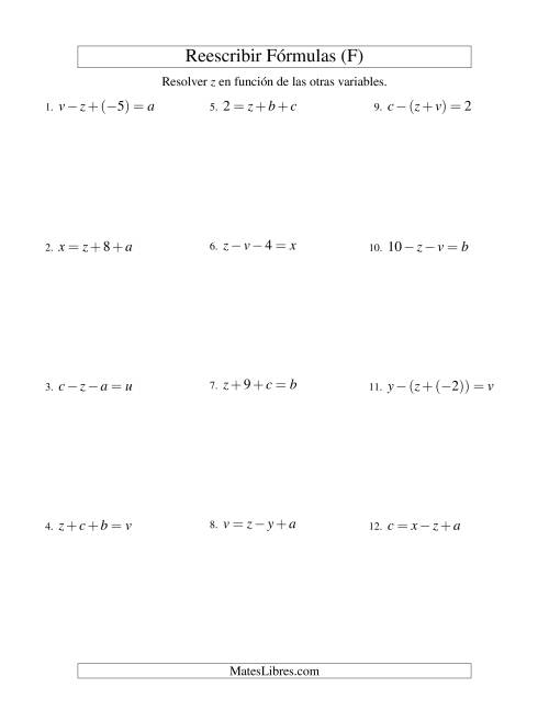 La hoja de ejercicios de Reescribir Fórmulas (adición y sustracción; dos pasos) (F)