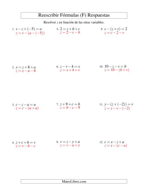 La hoja de ejercicios de Reescribir Fórmulas (adición y sustracción; dos pasos) (F) Página 2