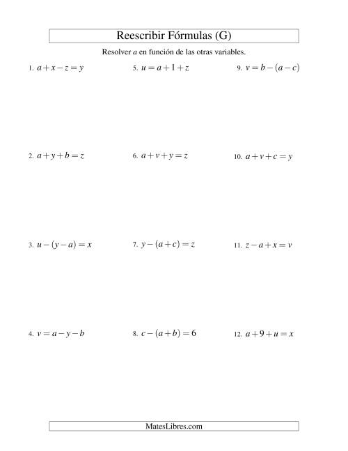 La hoja de ejercicios de Reescribir Fórmulas (adición y sustracción; dos pasos) (G)