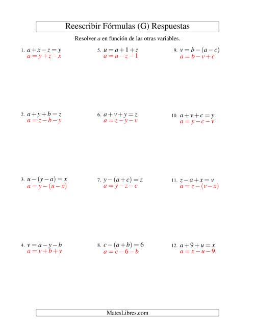 La hoja de ejercicios de Reescribir Fórmulas (adición y sustracción; dos pasos) (G) Página 2