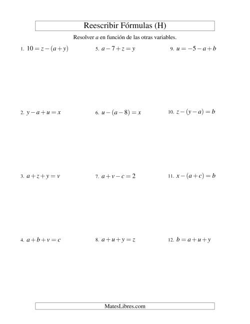 La hoja de ejercicios de Reescribir Fórmulas (adición y sustracción; dos pasos) (H)