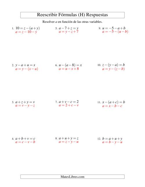 La hoja de ejercicios de Reescribir Fórmulas (adición y sustracción; dos pasos) (H) Página 2