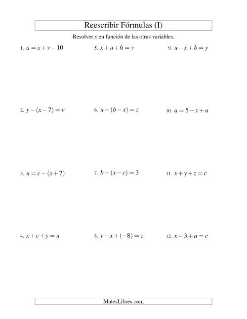 La hoja de ejercicios de Reescribir Fórmulas (adición y sustracción; dos pasos) (I)