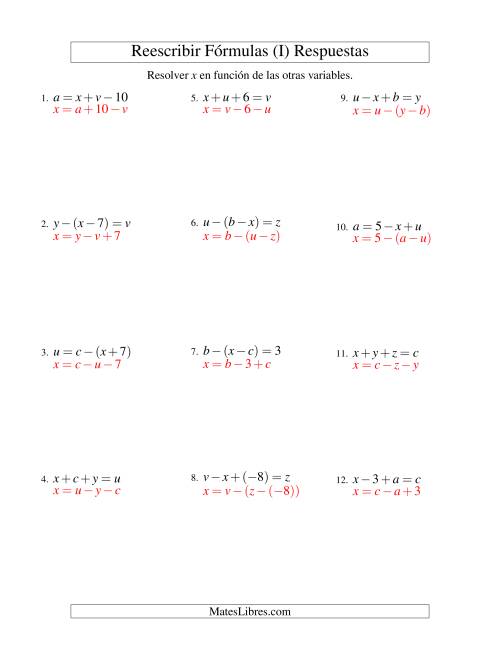 La hoja de ejercicios de Reescribir Fórmulas (adición y sustracción; dos pasos) (I) Página 2