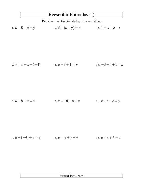 La hoja de ejercicios de Reescribir Fórmulas (adición y sustracción; dos pasos) (J)