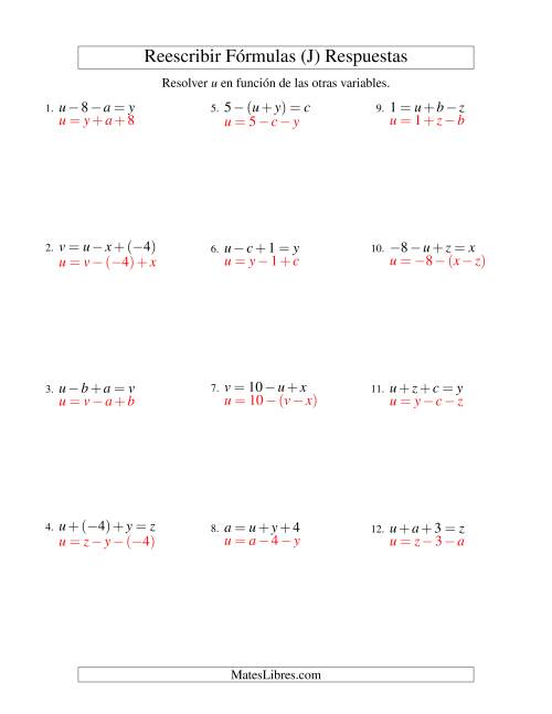 La hoja de ejercicios de Reescribir Fórmulas (adición y sustracción; dos pasos) (J) Página 2