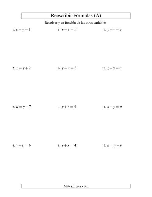 La hoja de ejercicios de Reescribir Fórmulas (adición y sustracción; un paso) (A)