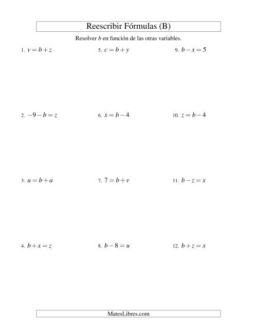 La hoja de ejercicios de Reescribir Fórmulas (adición y sustracción; un paso) (B)
