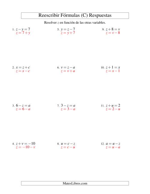 La hoja de ejercicios de Reescribir Fórmulas (adición y sustracción; un paso) (C) Página 2