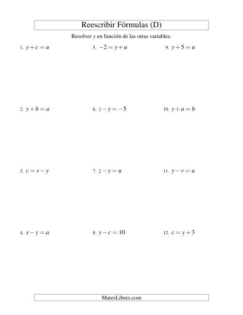 La hoja de ejercicios de Reescribir Fórmulas (adición y sustracción; un paso) (D)