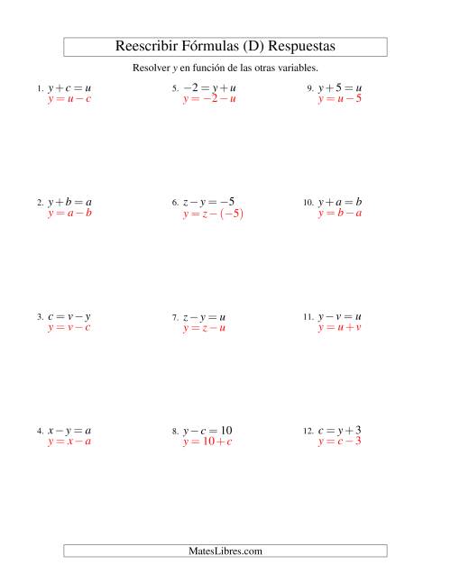 La hoja de ejercicios de Reescribir Fórmulas (adición y sustracción; un paso) (D) Página 2