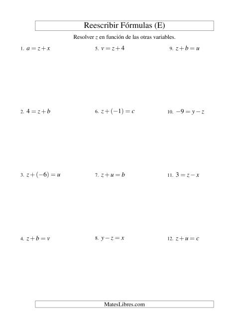 La hoja de ejercicios de Reescribir Fórmulas (adición y sustracción; un paso) (E)