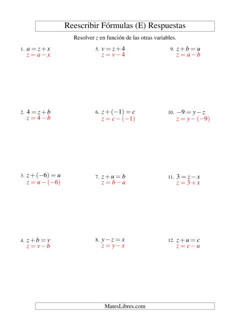 La hoja de ejercicios de Reescribir Fórmulas (adición y sustracción; un paso) (E) Página 2