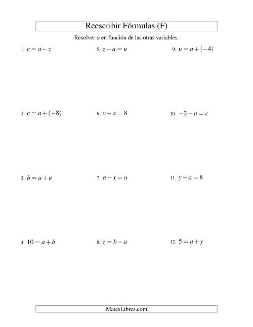 La hoja de ejercicios de Reescribir Fórmulas (adición y sustracción; un paso) (F)