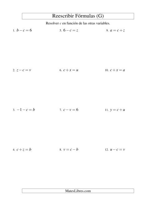 La hoja de ejercicios de Reescribir Fórmulas (adición y sustracción; un paso) (G)