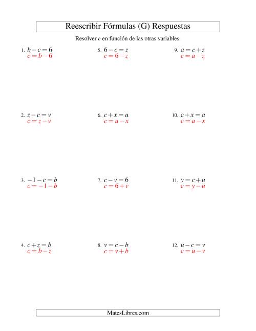 La hoja de ejercicios de Reescribir Fórmulas (adición y sustracción; un paso) (G) Página 2