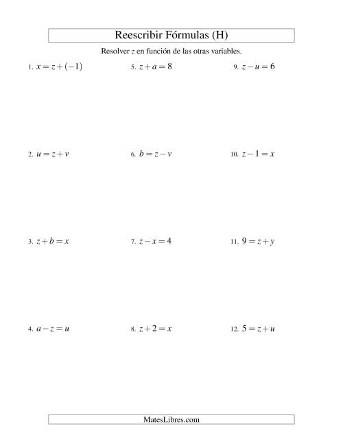 La hoja de ejercicios de Reescribir Fórmulas (adición y sustracción; un paso) (H)