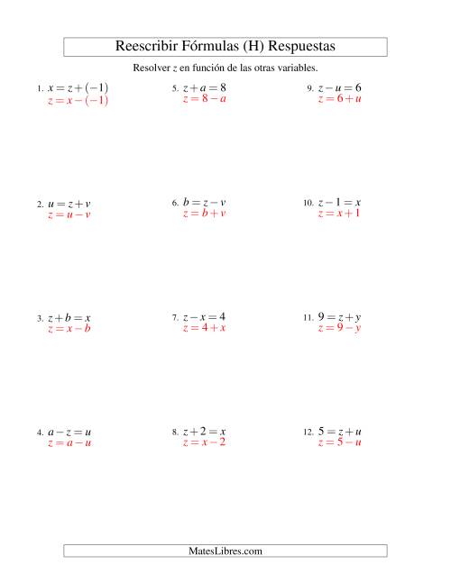 La hoja de ejercicios de Reescribir Fórmulas (adición y sustracción; un paso) (H) Página 2