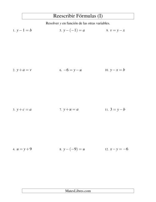 La hoja de ejercicios de Reescribir Fórmulas (adición y sustracción; un paso) (I)