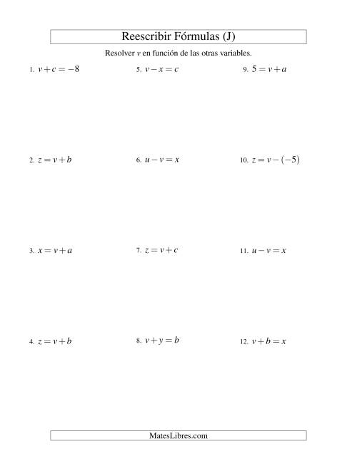 La hoja de ejercicios de Reescribir Fórmulas (adición y sustracción; un paso) (J)