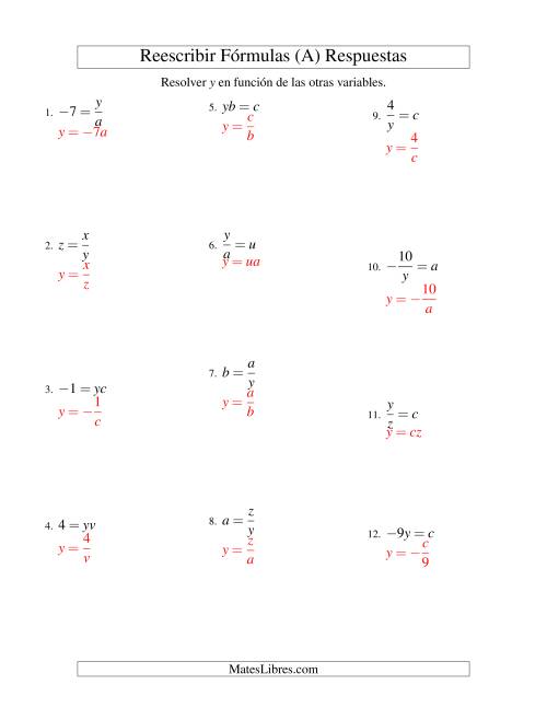 La hoja de ejercicios de Reescribir Fórmulas (multiplicación y división; un paso) (A) Página 2
