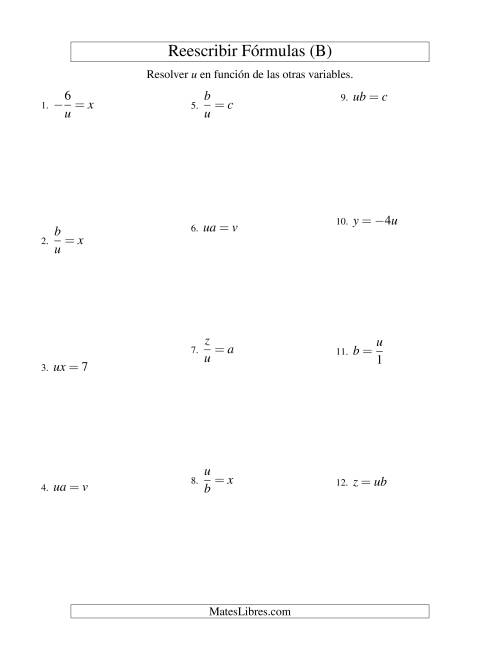 La hoja de ejercicios de Reescribir Fórmulas (multiplicación y división; un paso) (B)