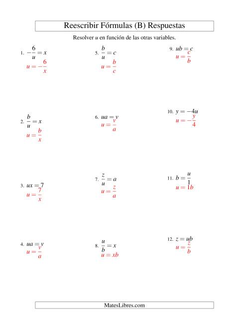 La hoja de ejercicios de Reescribir Fórmulas (multiplicación y división; un paso) (B) Página 2