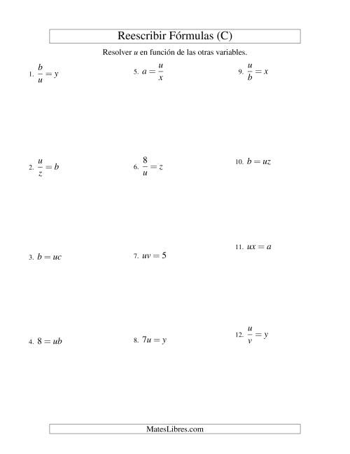 La hoja de ejercicios de Reescribir Fórmulas (multiplicación y división; un paso) (C)