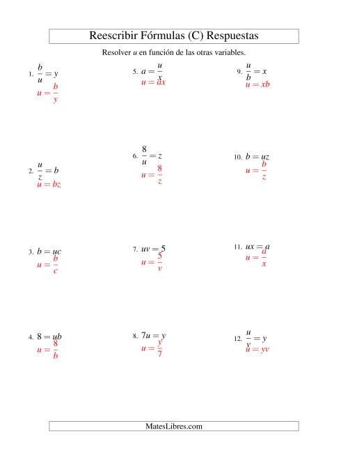 La hoja de ejercicios de Reescribir Fórmulas (multiplicación y división; un paso) (C) Página 2